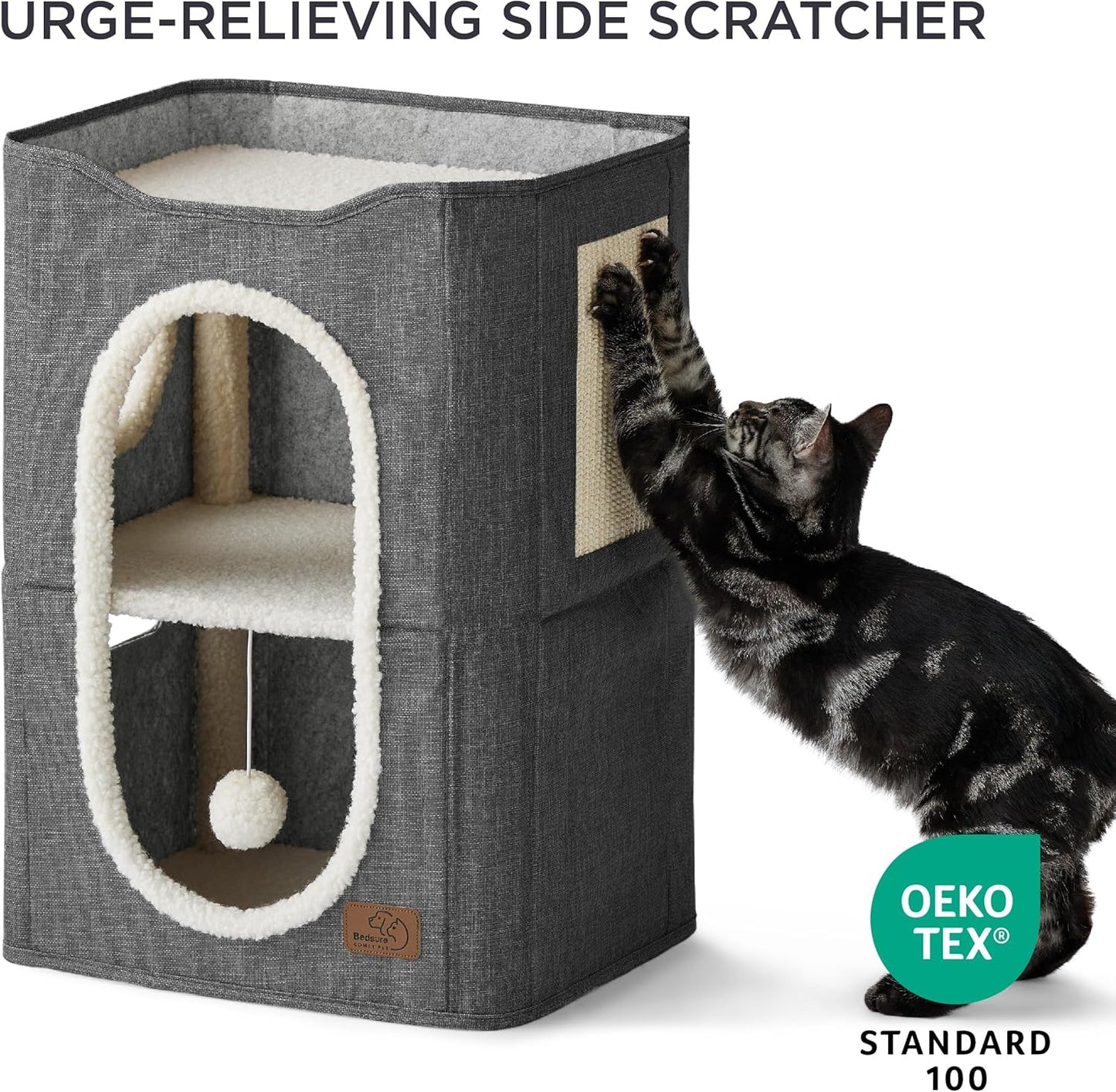 Bedsure 2 Story Cat House - Cat Condos for Indoor Cats with Scratch Pad and Fluffy Ball Hanging, Small Pet Cave Furniture Hideaway for Multi Pets, 18x14x23 inches, Dark Grey