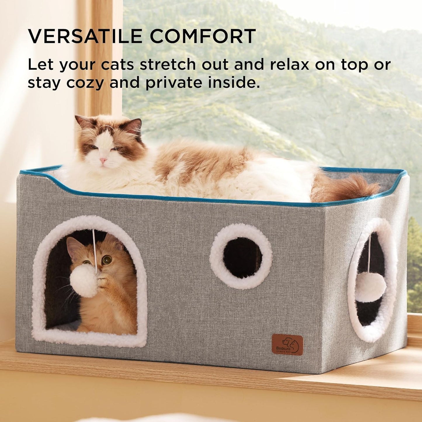 Bedsure Large Cat Beds for Indoor Cats - Extra Wide Cat Cube House for Small Pet with Fluffy Ball Hanging and Scratch Pad, Foldable Pet Cave Hideaway for Multiple Cats, 23.6x16.9x13 inches, Grey