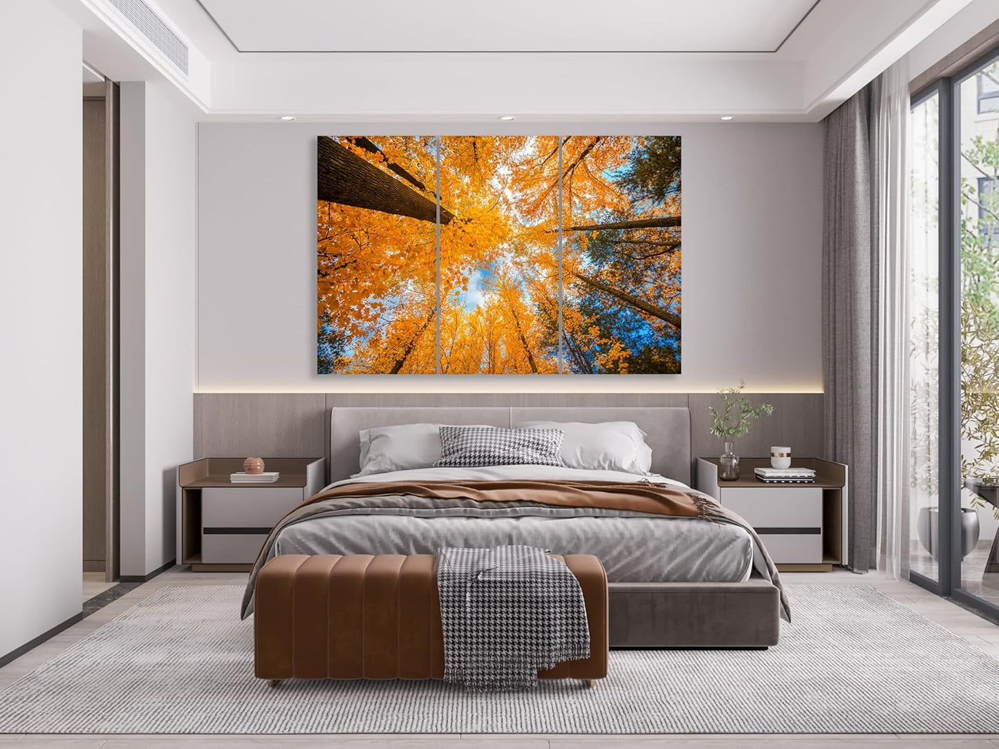 Nature Wall Art Prints - Ocean Forest Mountain Lake Canvas Landscapes - Small to Extra Large Living Room Bedroom Kitchen Bathroom Décor (Blue Sky Through Yellow Autumn Trees, 55L" x 83W"- 3 Panels)