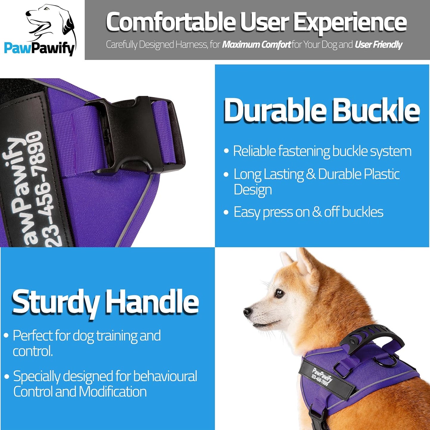 PawPawify Custom No Pull Dog Harness with Name and Phone Number, Heavy Duty Personalized Pet Vest to Prevent Tugging, Pulling, or Choking, Training and Walking (New Purple, XXL (85-140 LBS))