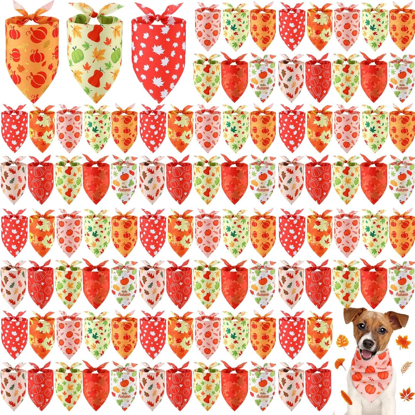 100 Pieces Fall Dog Bandanas Bulk Maple Leaves Bandanas for Dogs Autumn Soft Doggie Bibs Adjustable Triangle Scarves with Pumpkin Patterns for Small Medium Large Pet Fall Autumn Costume