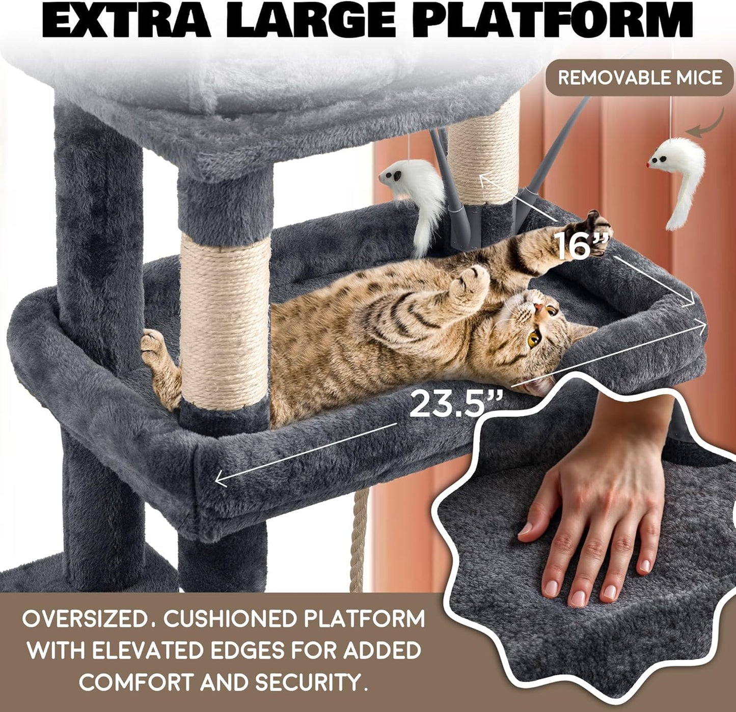 Large Cat Tree Tower for Large Cats, Cat Scratching Post, Self Grooming Post, Interactive Cat Toys, Oversized Perch and Basket, Heavy Duty 72", Dark Grey