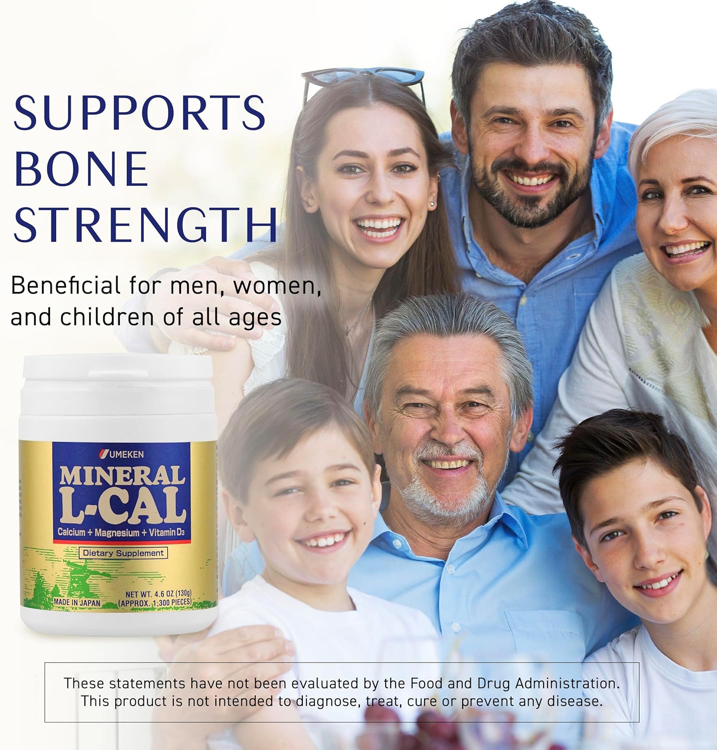 Umeken Mineral L-Cal Calcium with Vitamin D3, 2 Month Supply, Water Soluble Ball Format with Magnesium & Minerals, Fast Absorbing Calcium Magnesium D3 Supplement, 1,300 Balls, 130g, Pack of 1