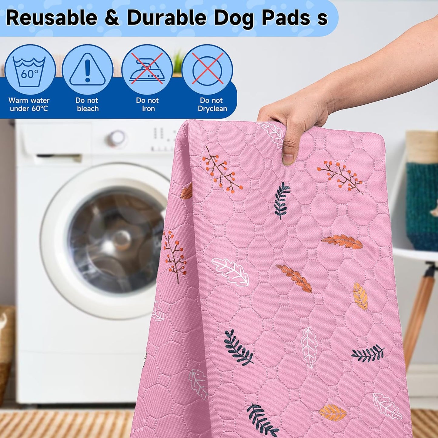 Sunheir Washable Pee Pads for Dogs 2-Pack Reusable Puppy Pads Pet Training Pads, Waterproof Dog Pee Pads for Crate, Whelping Pad, Non-Slip Protects Against Urine Leakage (Leaves - Pink, 31x36)