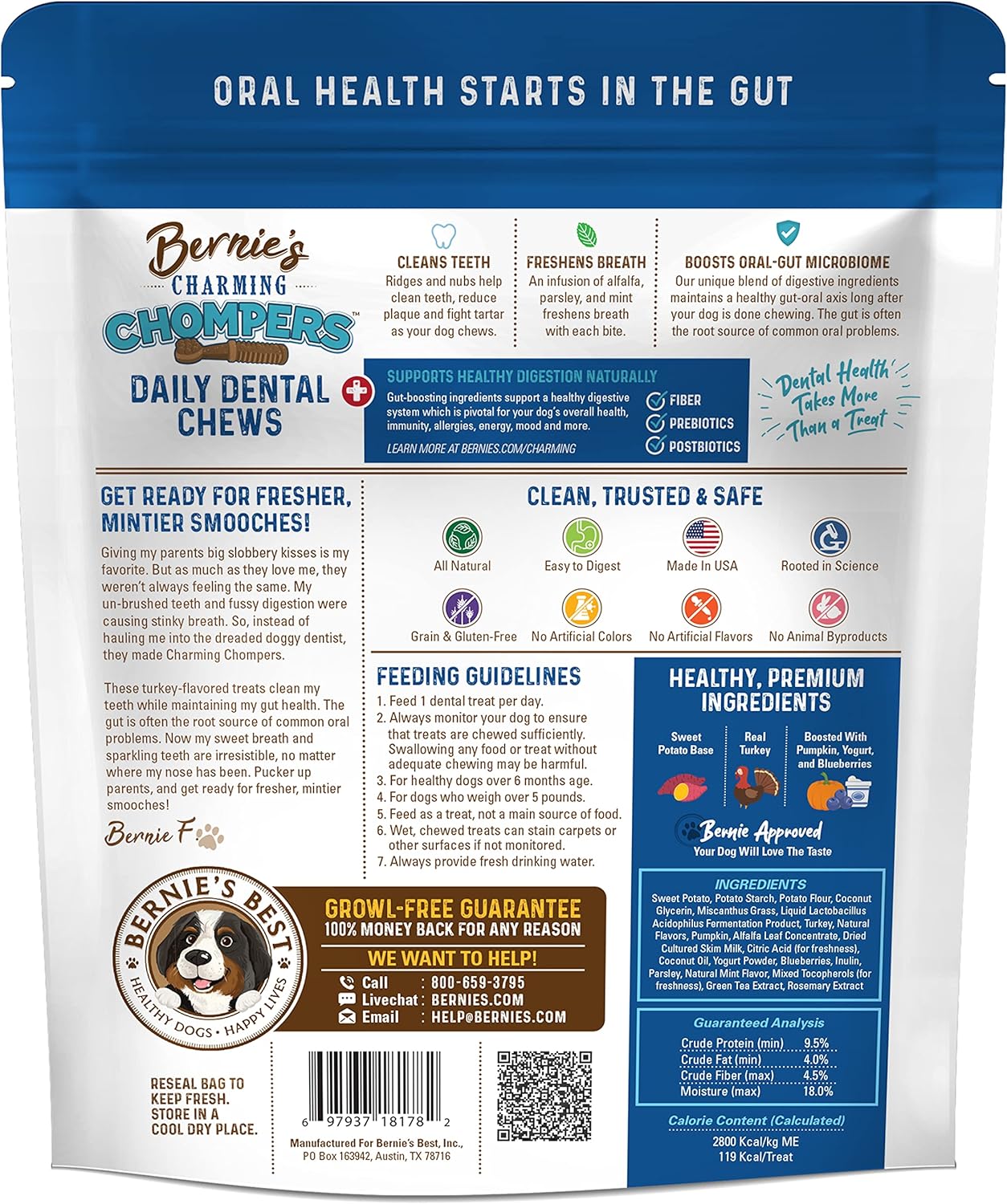 Bernie's Charming Chompers - Daily Dental Chews for Dogs 50-100 Lbs. - 12 Count - Cleans Teeth, Freshens Breath, + Boosts Oral-Gut Microbiome. Easy to Digest, Supports Healthy Digestion Naturally