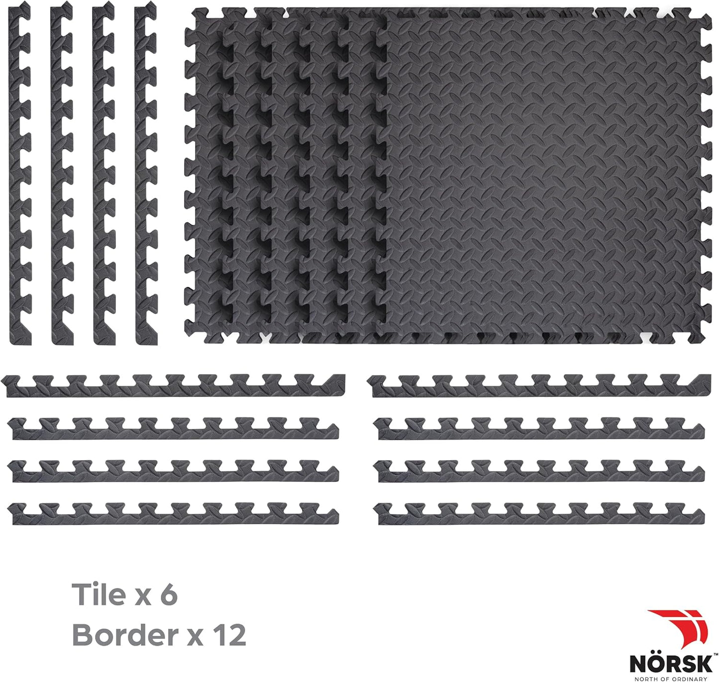 Norsk Foam Floor Gym Mats with Interlocking Tiles, .47" Thick, 24"x24", 48-Pack, 192 Square Feet, Diamond Plate Design, Grey
