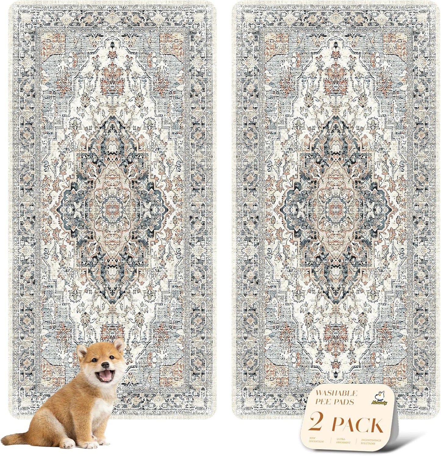 nunubaby Washable Pee Pads for Dogs, Stylish, Non-Slip and Leak-Proof Pee Pads. Reusable Potty Pads for Dogs for Crates and Floors.(Beige/Multi, 36" x72" )