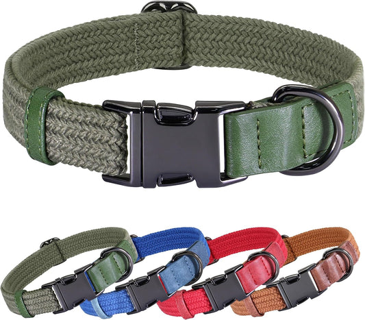 PET ARTIST Soft Cotton Dog Collars for Small Dogs in Stylish Green, Simple Dog Collar with Quick Release Metal Buckle & D Ring, S Size (10-16")