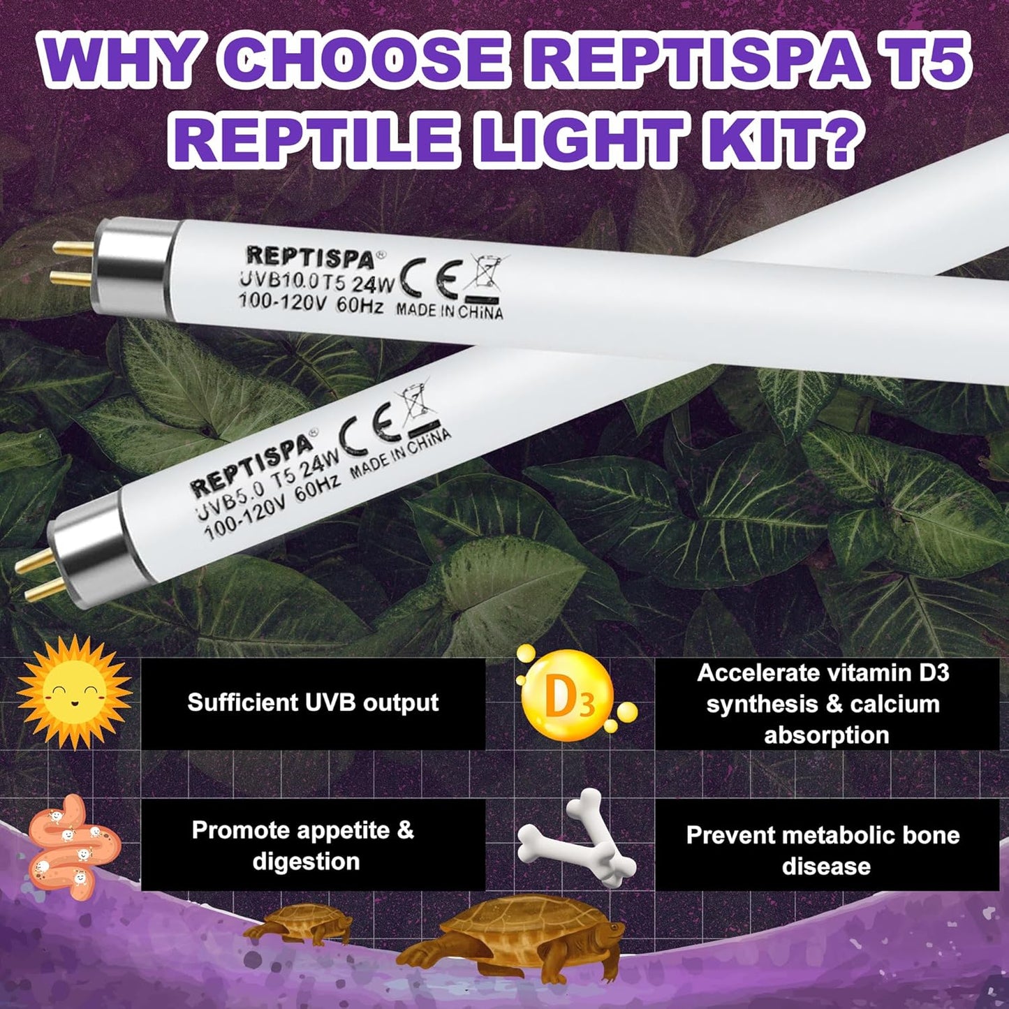 10.0 UVB Light for Reptiles, T5 HO 24 Watt Reptile Lamp Tube, Pack of 2 Fluorescent UVB Bulb, Basking Light for Bearded Dragon, Simulate Natural Sunlight for Reptiles and Amphibians