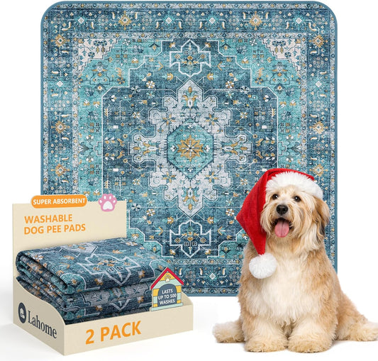 Lahome Super Absorbent Washable Pee Pads for Dogs - Secure Floor Protection - Non-Slip, Leakproof Reusable Pads for Training, Crates & Playpens (2 Pack, 36"x36", Blue)