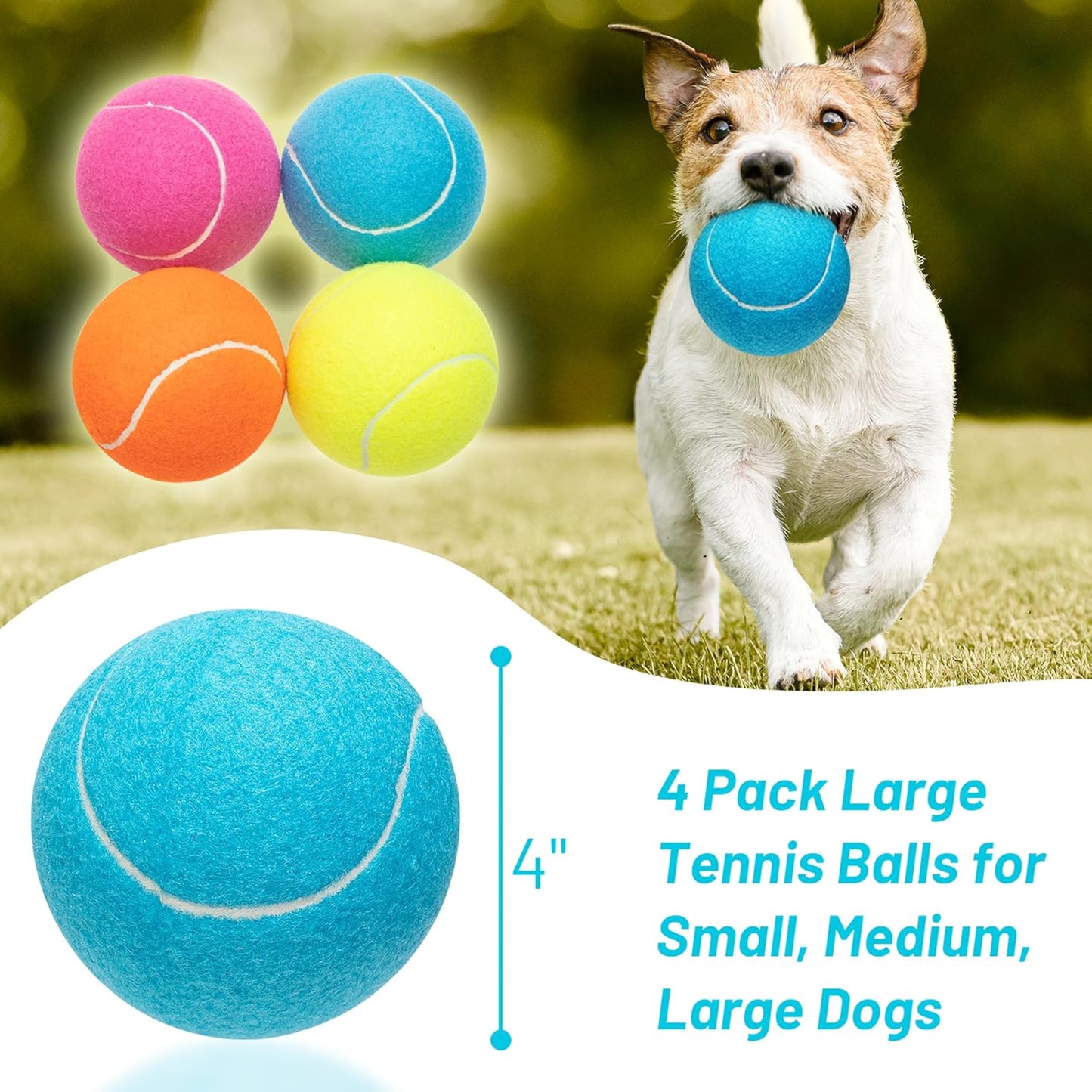 Large Dog Tennis Balls 4-Pack, 4 inch Interactive Big Dog Toy Ball for Small Medium Large Dogs, Dog Toys for Outdoor/Indoor Sports, Fetch, Training & Play