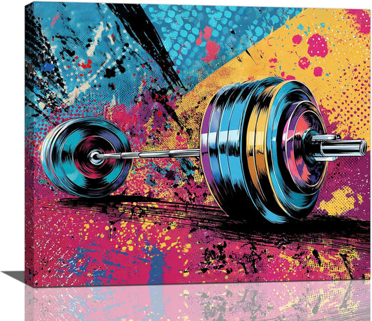Gym Wall Art Weightlifting Fitness Canvas Wall Decor Barbell Sports Training Pictures Painting Banksy Street Graffiti Print Artwork Framed Decorations Gifts for Sports Lovers Gym Living Room Bedroom 20"x24"