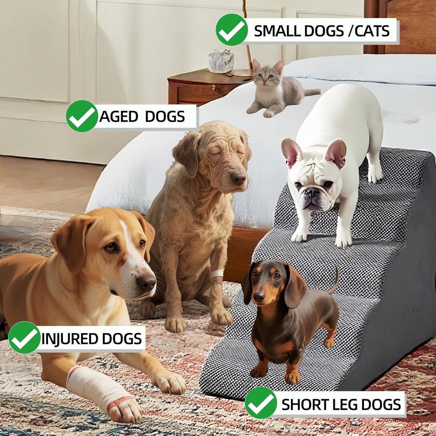 5 Step Pet Stairs Ramp for High Beds Sofas 5-30 Inch with Sturdy Non Slip Waterproof Pads, Machine Washable Cover Indoor Balanced Design for Cats Dogs Small Medium Large XL Pets Grey (Brown, Large, 1)