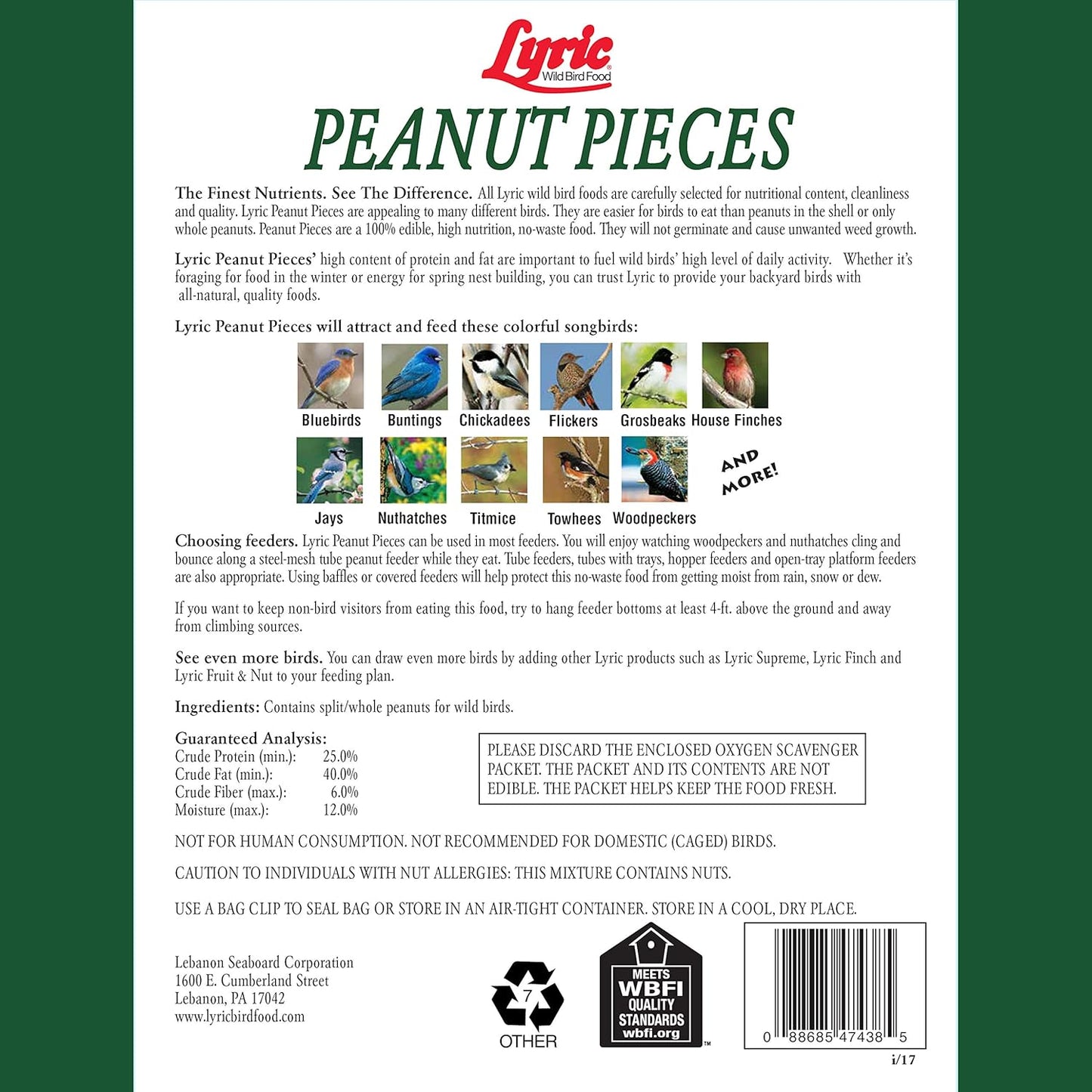Lyric Peanut Pieces Wild Bird Seed - No Waste Bird Food - Attracts Titmice, Woodpeckers, Chickadees & More - 15 lb bag