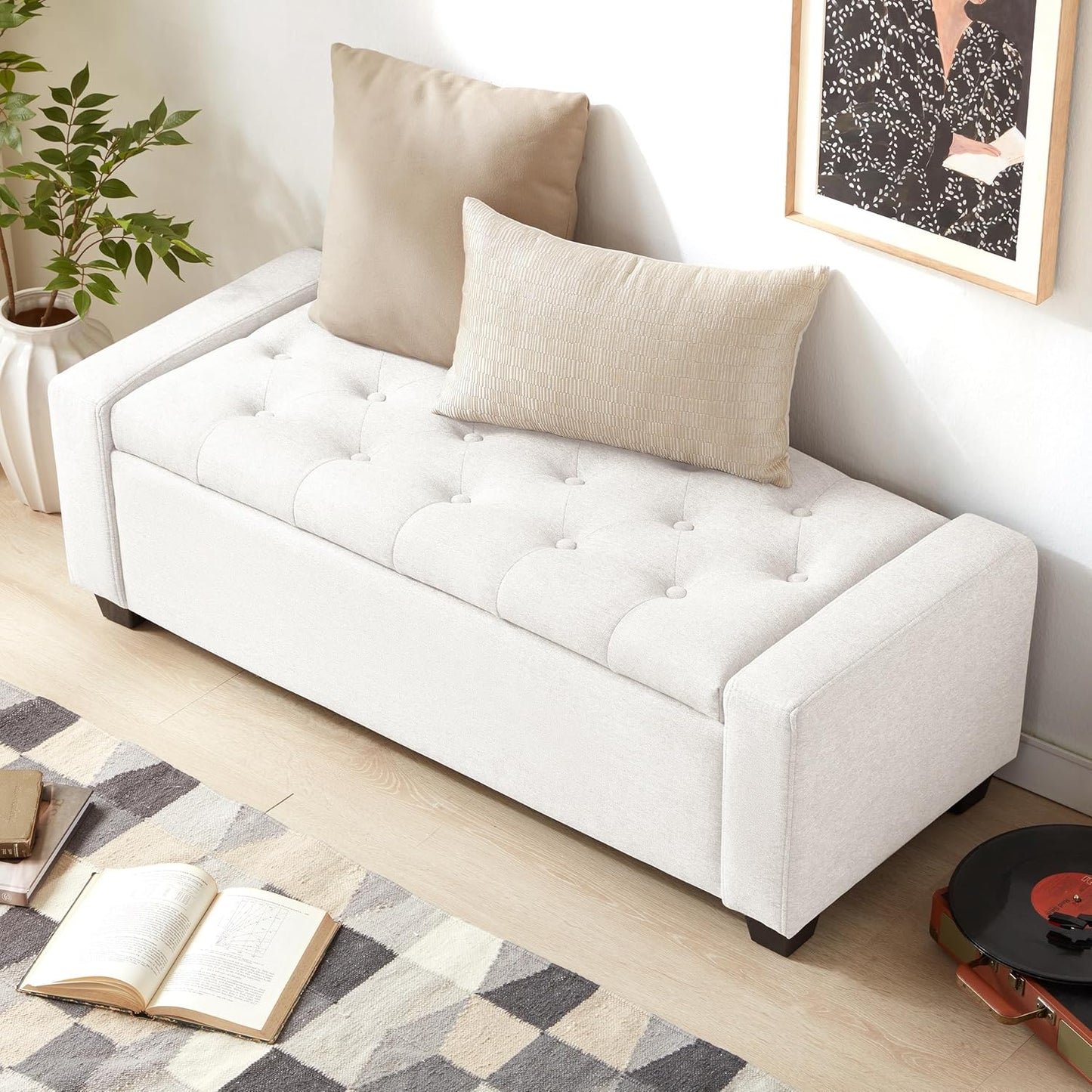 48" Ottoman with Storage, White Storage Ottoman Bench with Safety Hinge, Upholstered Entryway Bench with Seating for Bedroom, Living Room, Holds up to 330 lb