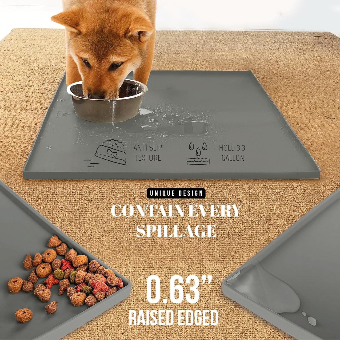 AVERYDAY 23x16'' Silicone Dog Mat for Food and Water, 0.63'' Edge Dog Food Bowl Mats for Floor Waterproof, Dogs Water Mat for Sloppy Drinker, Non Slip Rubber Pet Feeding Mats for Indoor Dogs and Cats