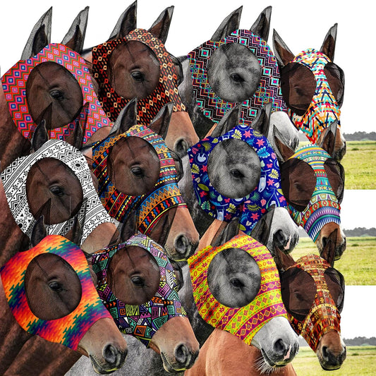 Qualirey12 Pieces Horse Fly Mask Bulk Comfortable Elasticity Mask for Horses with Ears Net UV Protection Breathable Horse Supplies Face Covering for Horse Pony and Foal (Geometric Patterns, Large)