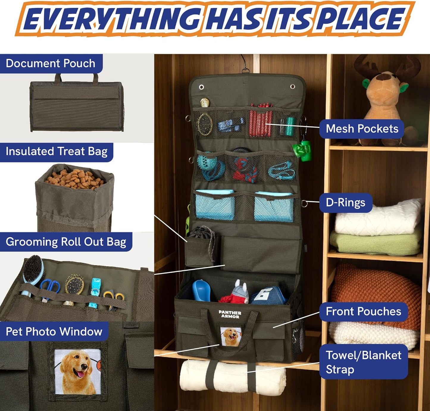 Panther Armor Dog Travel Bag Hanging Dog Organizer & Pet Storage Tote Bag for Supplies | Waterproof Door Storage & Closet Organizer | Food & Treat Container for Travel Accessories