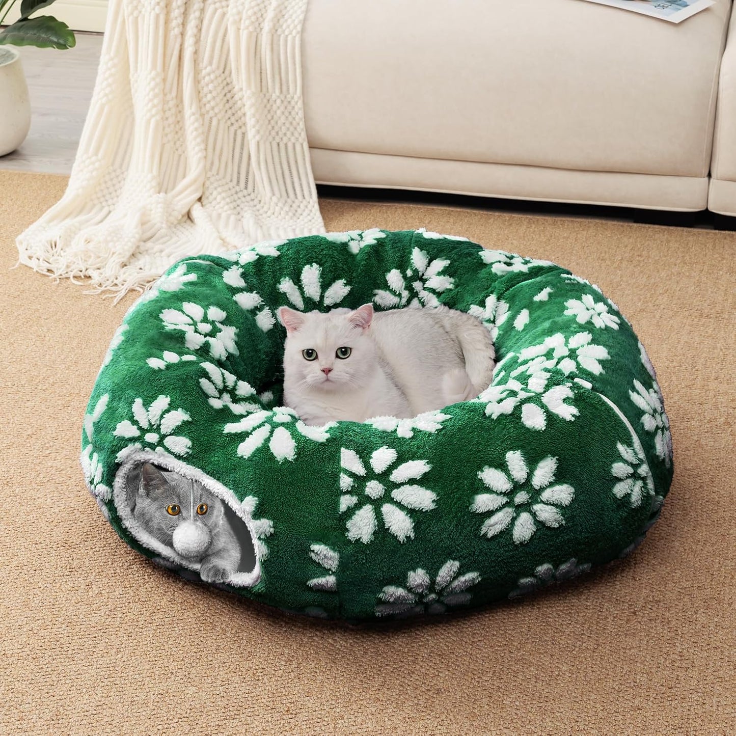 Cat Tunnel for Indoor Cats, Cute Peekaboo Cat Cave with Dangling Balls, Pet Donut Tunnel Bed with Circle Mat for Puppy Kitten Rabbit, Green Flower