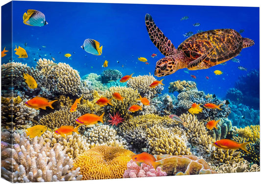 wall26 Canvas Print Wall Art Neon Coral Reef Blue Hippo Tang Fish Turtle Nature Animals Photography Realism Rustic Scenic Landscape Wilderness Colorful for Living Room, Bedroom, Office - 24"x36"