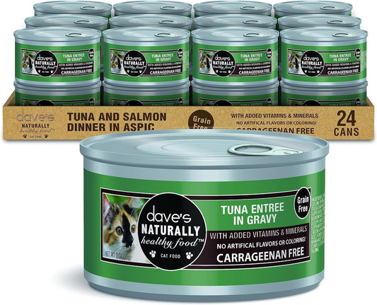 Dave's Pet Food Grain Free Wet Cat Food (Tuna Entrée in Gravy), Naturally Healthy Canned, Added Vitamins & Minerals, Wheat & Gluten-Free, 3 oz (24 Pack)