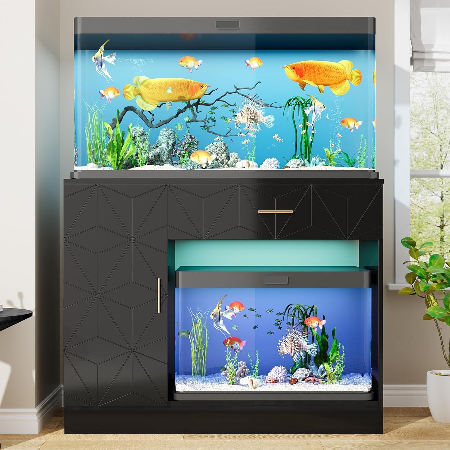 Heavy-Duty 40 Gallon Aquarium Stand, Modern Dual Tank Cabinet with Hidden Cord Organizer & 550lbs Capacity, 30-50 Gallon Fish Tank Stand, Waterproof and Adjustable Shelf, Black