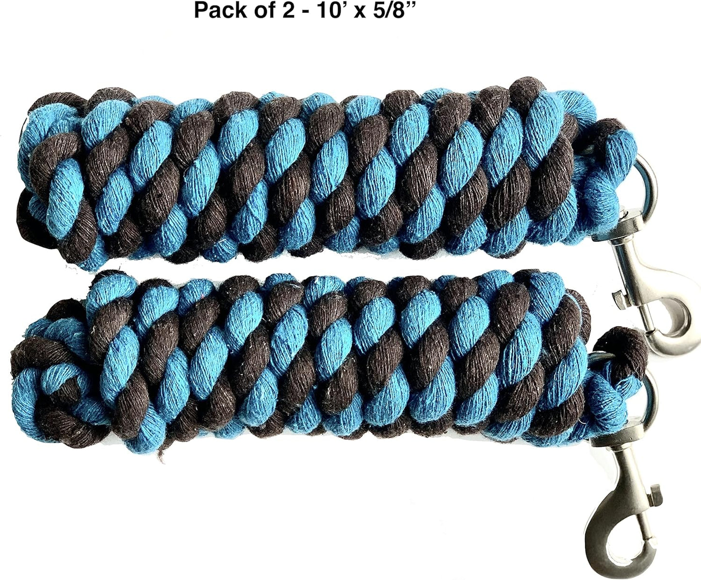 Majestic Ally Pack of 2 Solid Cotton Lead Rope for Horses & Livestock – 10 Foot Long and 5/8 inch Thick - Replaceable Heavy-Duty Satin Bolt Snap – Handmade – Soft, Broken in Feel (Turquoise -Brown)
