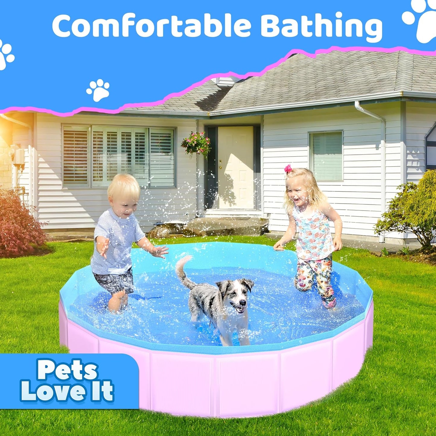 2025 Updated Foldable Dog Pool, 79" x 12" Kiddie Pool with Hard Plastic, Non-Slip Dog Bath Tub for Outdoor Backyard, Collapsible Dog Swimming Pool for Kids Dogs Pets (Pink)