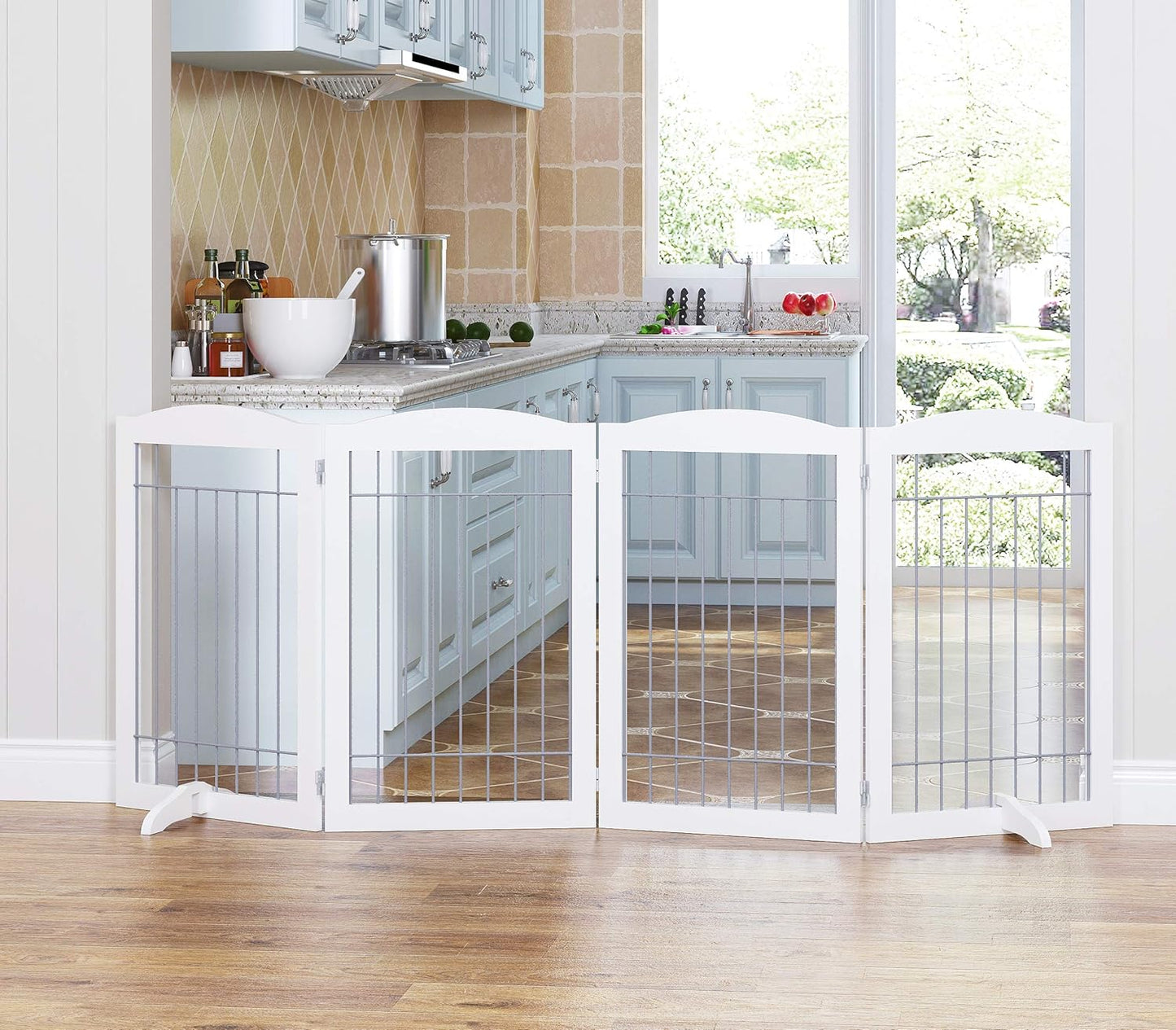 Spirich Free Standing Foldable Wire Pet Gate for Dogs, 80 Inches Extra Wide, 30 Inches Tall 4 Panels Dog Gate for The House, Doorway, Stairs, Pet Puppy Safety Fence, Sliver White