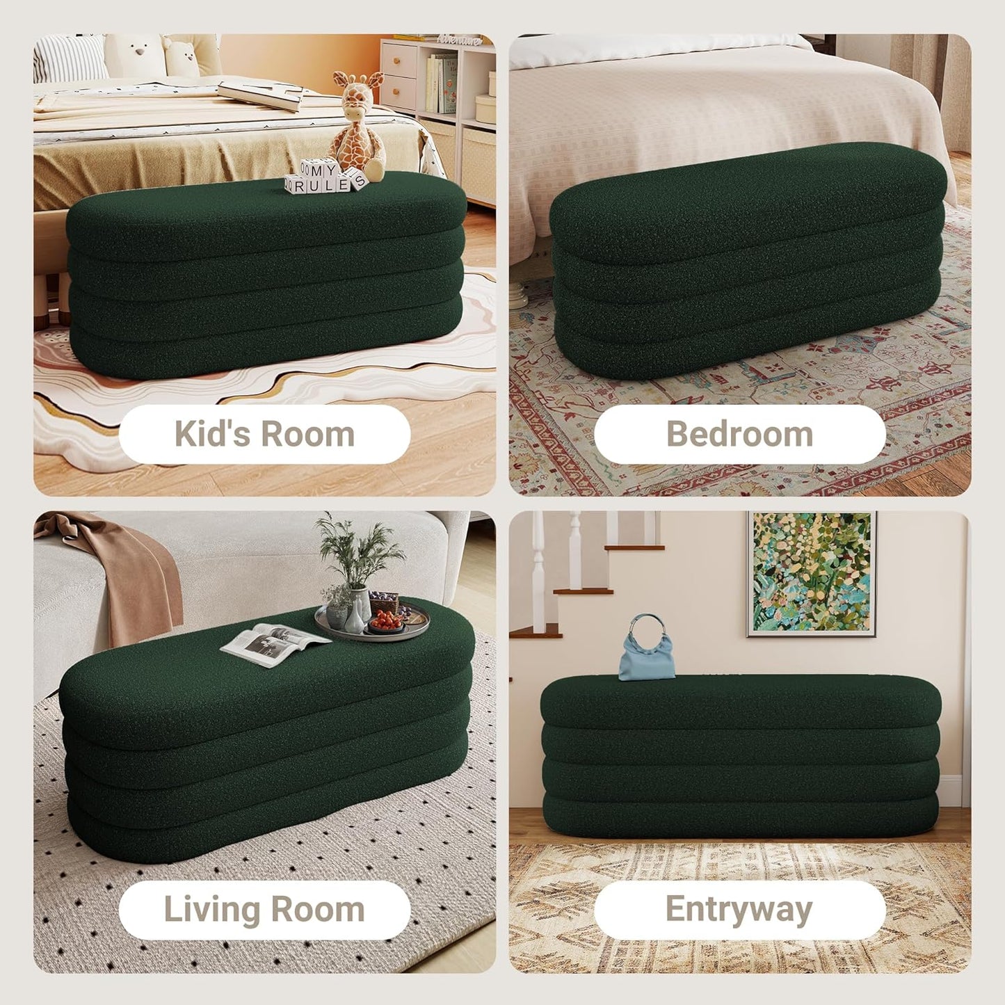 Storage Ottoman Bench 49.2 Inch Upholstered Fabric Storage Bench for Bedroom End of Bed Aesthetic Large Oval Ottoman for Living Room(Dark Green)