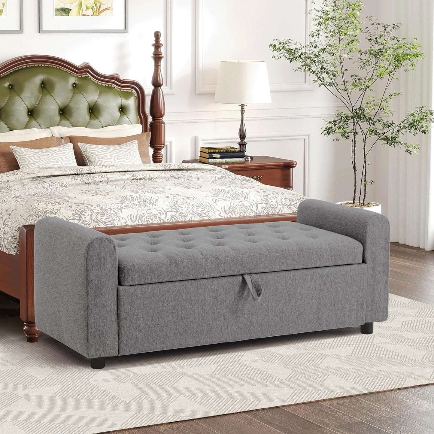 Ottoman with Storage, Tufted Storage Bench for Bedroom, 48" Fabrics End of Bed Bench, Upholstered Entryway Shoe Benches with Rolled Arm & Inner Zipper, Window Ottomans Chest without Rivets, Dark Grey