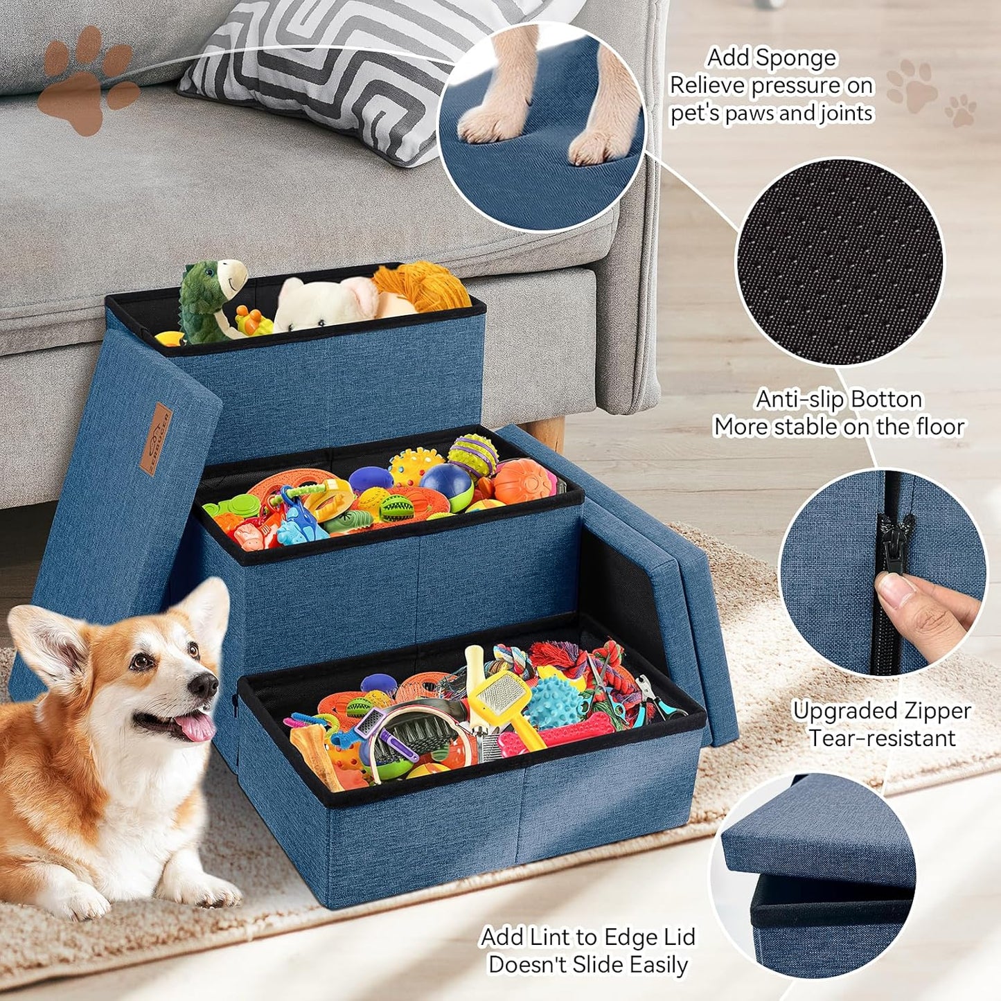 Dog Stairs with Storage 18" H, 3-Step Wider Dog Steps for Small/Medium/Large Dogs Cats, Folding Sturdy Pet Stairs Climbing Bed or Sofa, Ramp for Car Hold Up to 200 lbs (Navy Blue, No Condo)