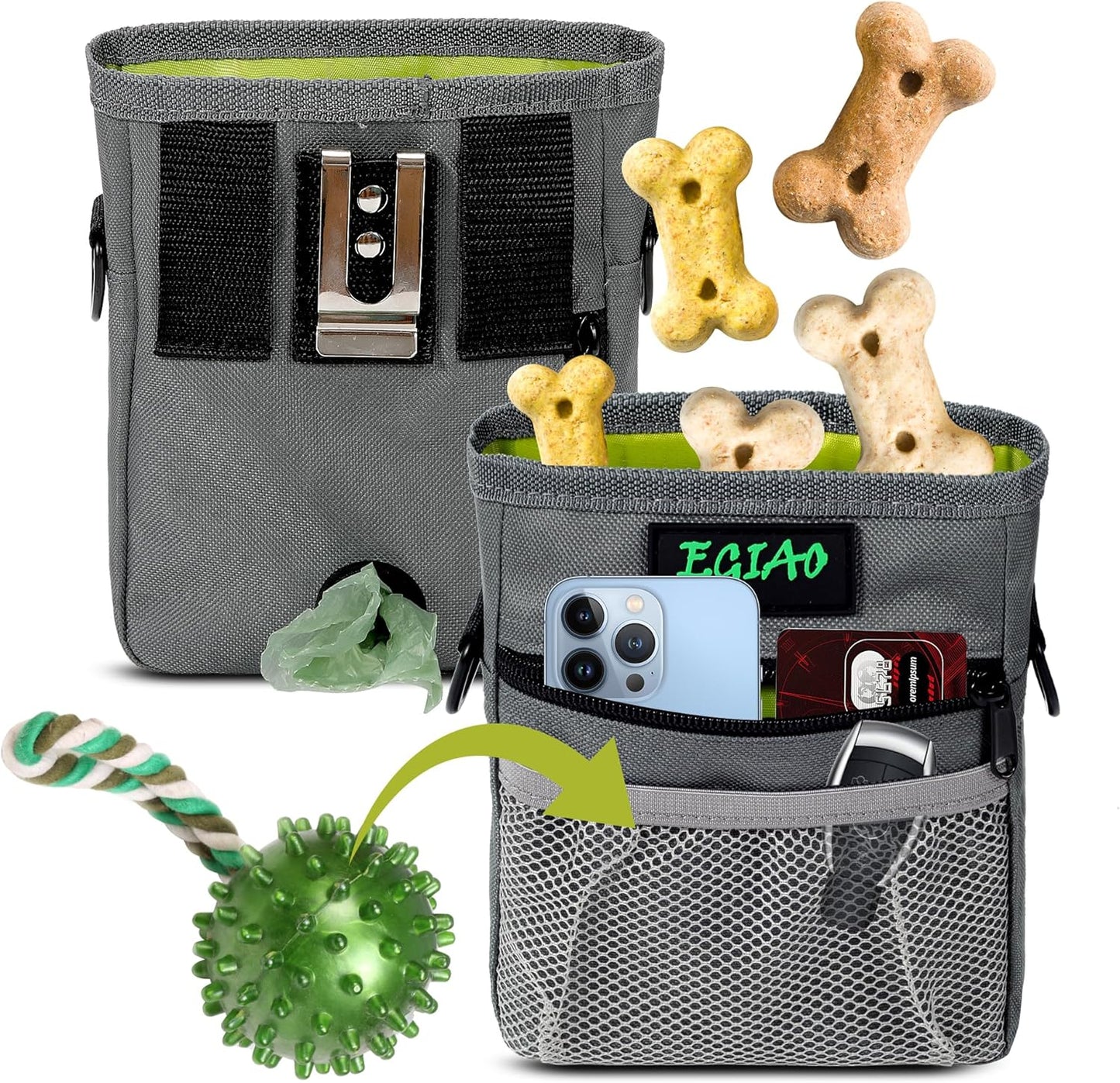Dog Treat Pouch 2.0, Strong Magnetic Closure, Poop Bag Dispenser (Including Collapsible Dog Bowl, Training Clicker, Poop Bags)