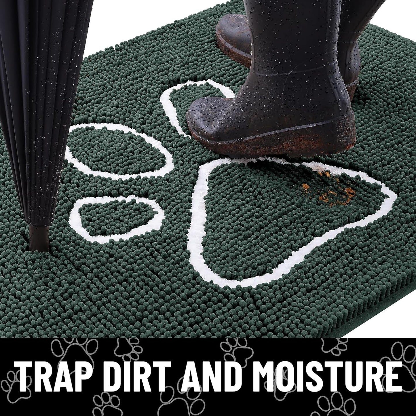 Smiry Dog Door Mat for Muddy Paws, Absorbent Dirt Trapper Non Slip Quick Dry Washable Chenille Mat for Mud Dogs, Entry Rug for Indoor and Outdoor (59x24 Inches, Green)