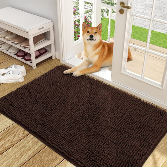 OLANLY Dog Door Mat for Muddy Paws 48x30, Absorbs Moisture and Dirt, Absorbent Non-Slip Washable Doormat, Quick Dry Chenille Mud Mat for Dogs, Entry Indoor Entryway Carpet for Inside Floor, Brown