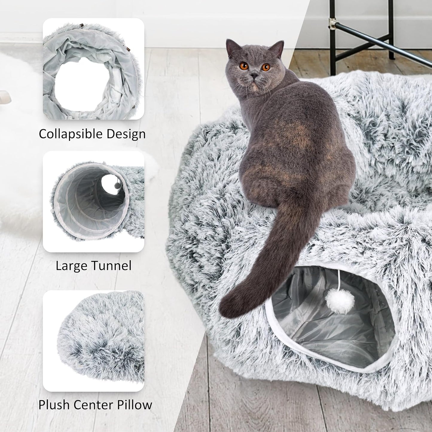 Cat Donut Bed with Washable Cushion – Cat Caves for Indoor Cats – Collapsible Donut Bed with Peekaboo Pet Tunnel & Tunnel Toy – Cozy Hideout for Kittens, Ferrets, Rabbits & Dogs – Grey