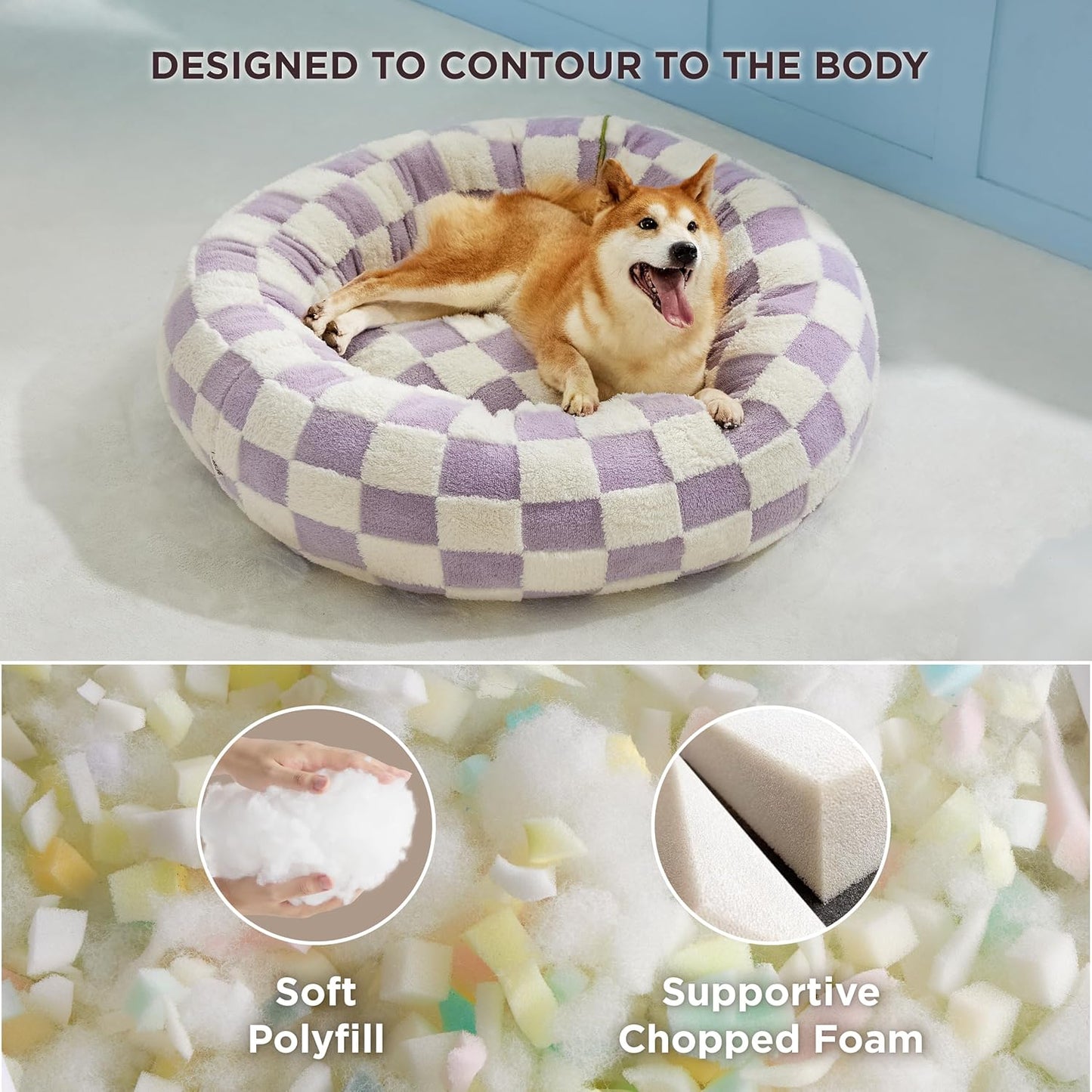 LE SURE Donut Large Dog Bed - Round Cat Beds for Indoor Anti-Anxiety Calming Pet Beds, Washable Cute Modern Beds with Teddy Sherpa Plush & Anti Slip Bottom, 36 Inch, Purple