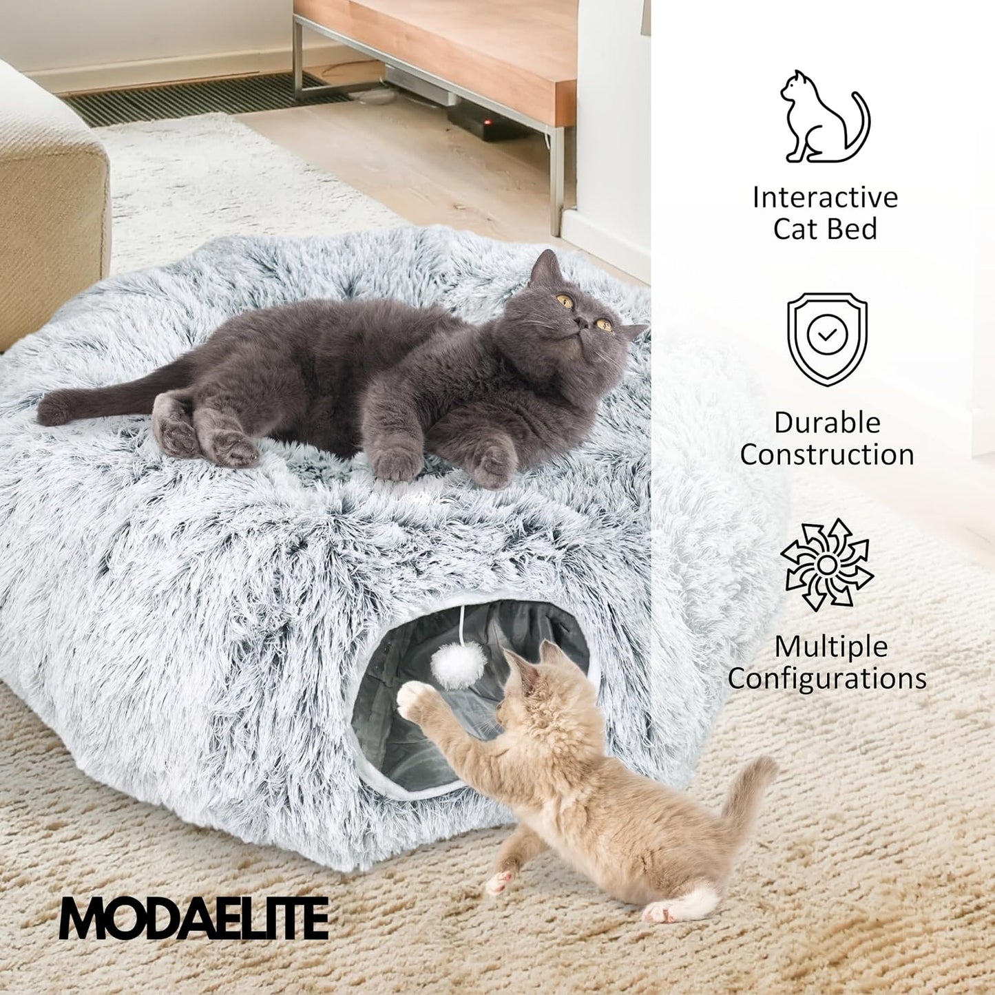Cat Donut Bed with Washable Cushion – Cat Caves for Indoor Cats – Collapsible Donut Bed with Peekaboo Pet Tunnel & Tunnel Toy – Cozy Hideout for Kittens, Ferrets, Rabbits & Dogs – Grey