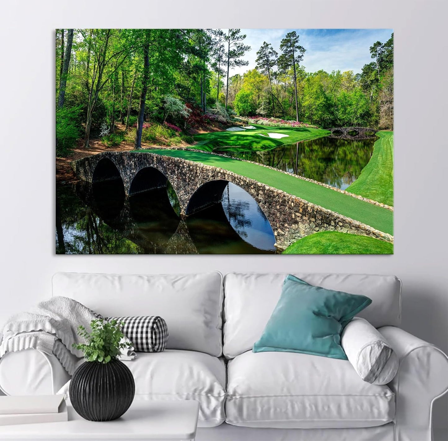 Nature Wall Art Prints - Ocean Forest Mountain Lake Canvas Landscapes - Small to Extra Large Living Room Bedroom Kitchen Bathroom Décor (Golf Course with Stone Bridge, 20L" x 30W")