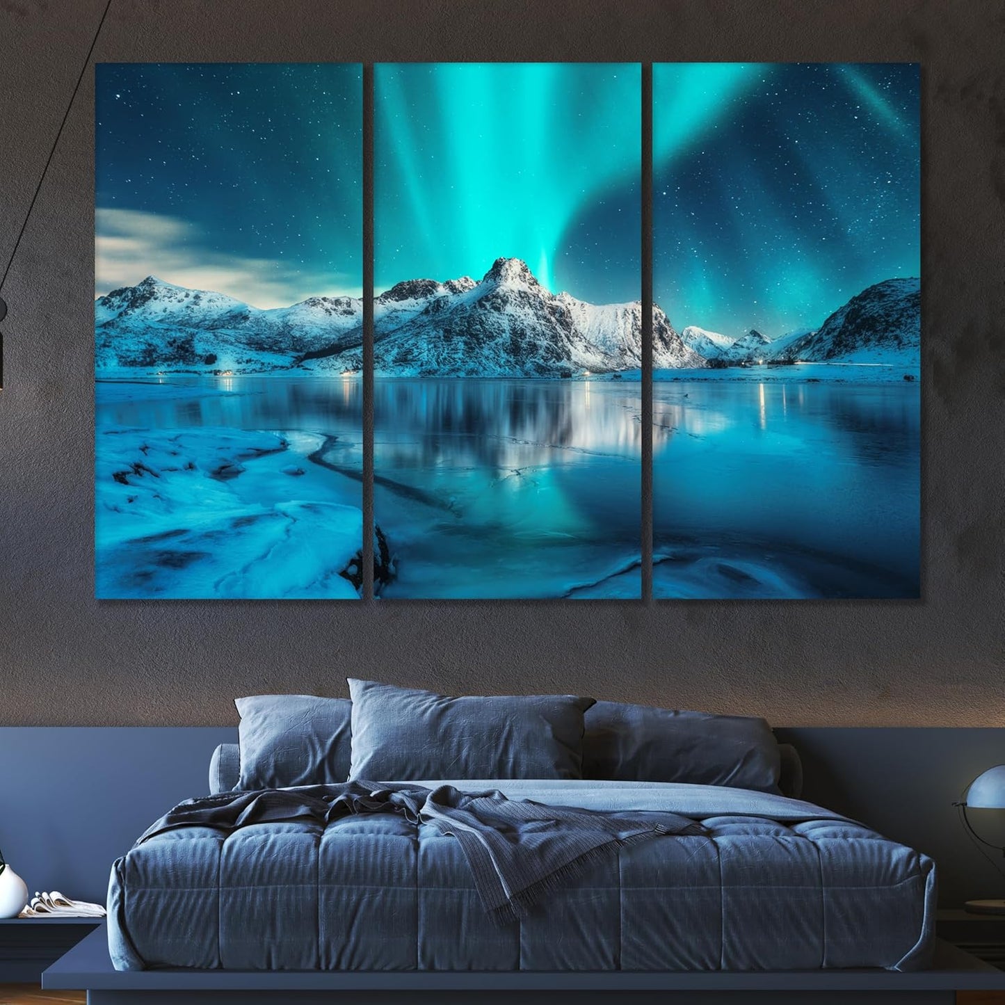 Nature Wall Art Prints - Ocean Forest Mountain Lake Canvas Landscapes - Small to Extra Large Living Room Bedroom Kitchen Bathroom Décor (Northern Lights Over Lake, 47L" x 71W" - 3 panels)