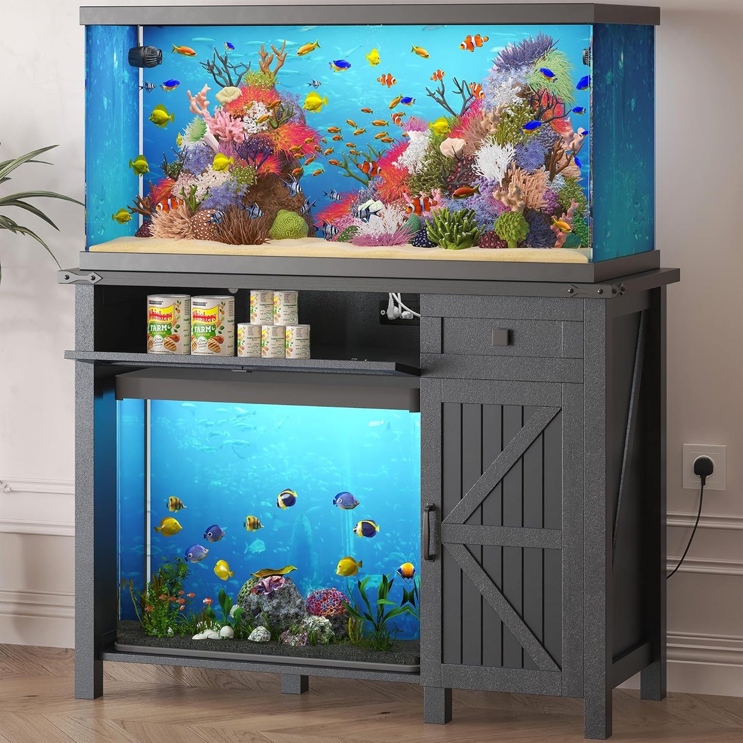 40 Gallon Aquarium Stand With Charging Station, Farmhouse Fish Tank Stand, Reptile Tank Stand Terrarium Stand with Drawer and Cabinet Storage, Sturdy Heavy Duty 41.9"×18.3" Tabletop - Black