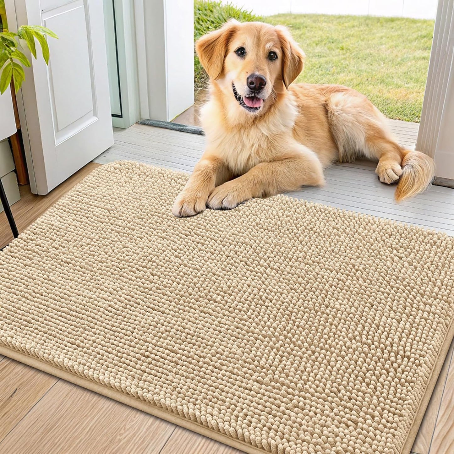 Smiry Dog Door Mat for Muddy Paws 36x24, Absorbs Moisture and Dirt Doormat, Non-Slip Washable Quick Dry Chenille Front Door Mat Indoor Entrance, Entryway Carpet for Inside Floor, Beige