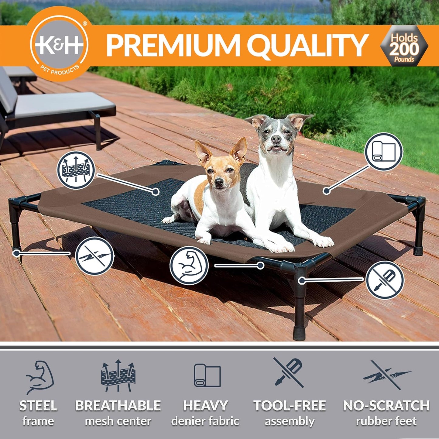 K&H Pet Products Outdoor Elevated Dog Cot, Breathable Cooling Elevated Cot Hammock Pet Bed for Large Dogs, Washable Mesh Cover, Raised Metal Frame, Collapsible, Portable - Large 42 X 30in Chocolate