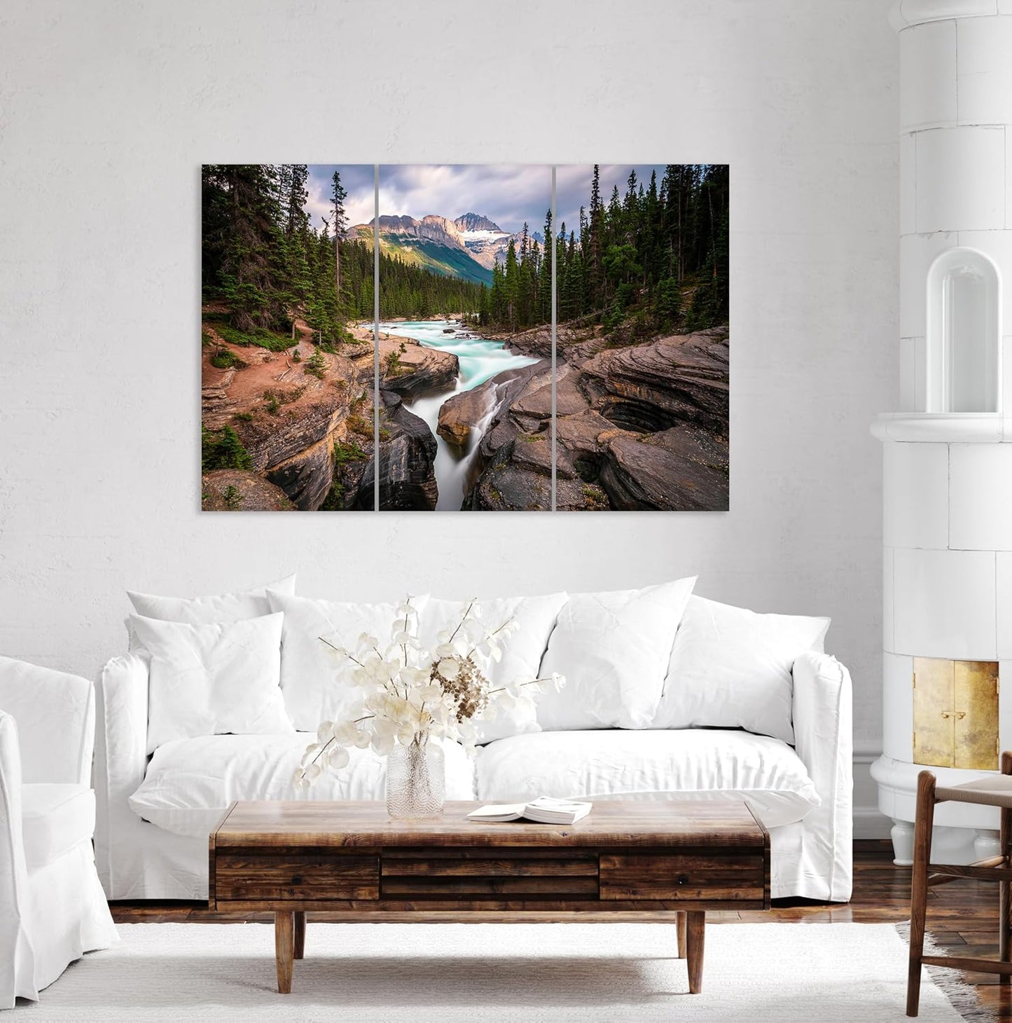Nature Wall Art Prints - Ocean Forest Mountain Lake Canvas Landscapes - Small to Extra Large Living Room Bedroom Kitchen Bathroom Décor (Mountain River Waterfall, 55L" x 83W"- 3 Panels)