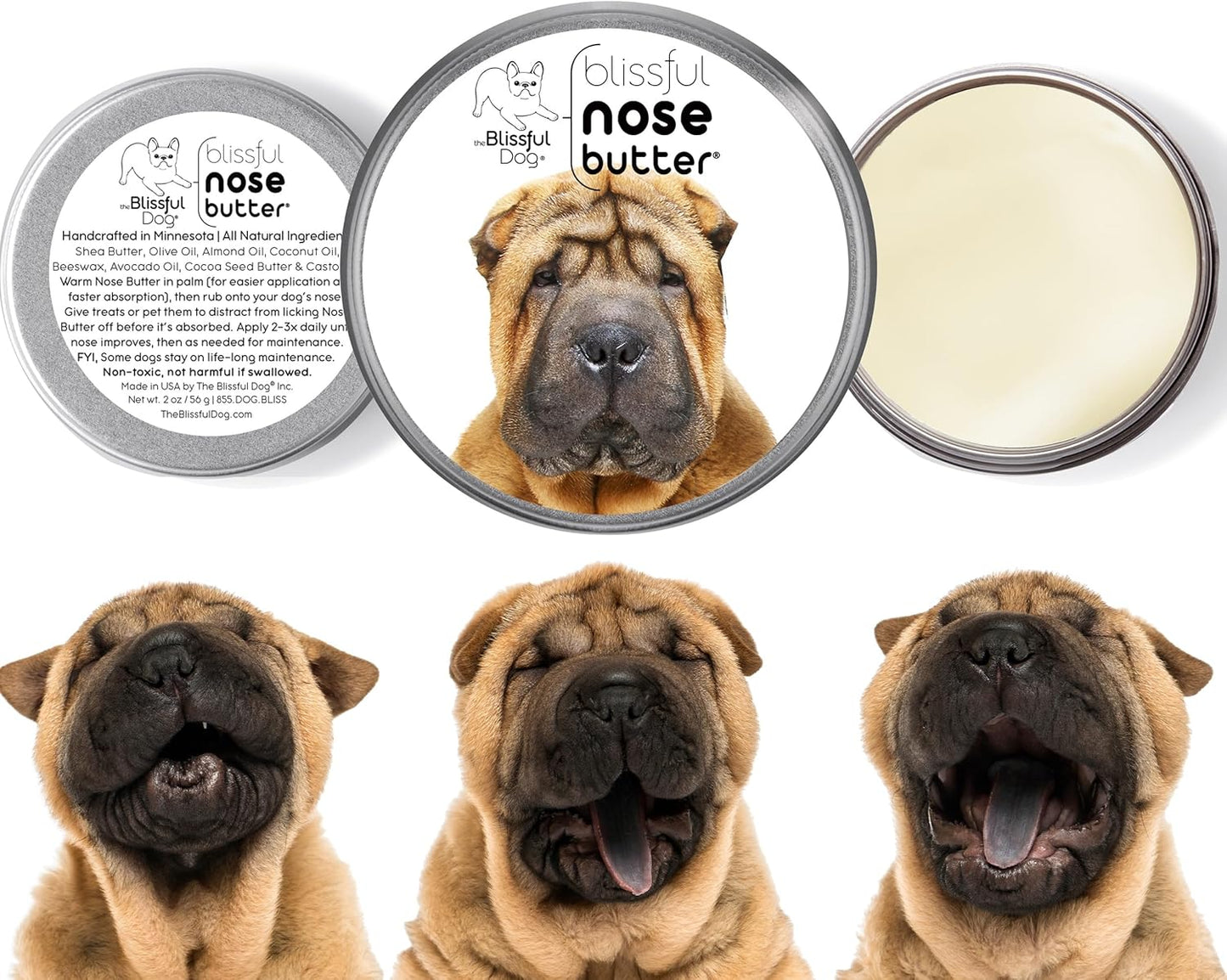 The Blissful Dog Chinese Shar-Pei Nose Butter for Dry, Cracked Skin, Lick-Safe Dog Nose Balm with Moisturizing Shea Butter, Almond, Olive, and Essential Oils, Pet Supplies, Uncented, 2 oz.