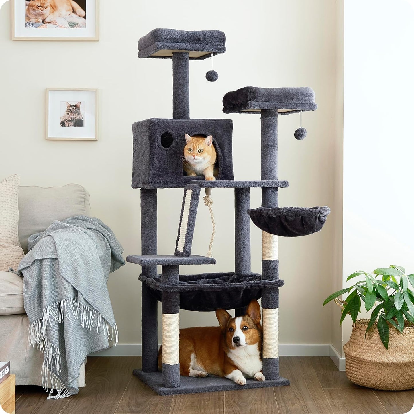 Ouritsu Cat Tree, 56 inch Tall Cat Tower for Large Cat Indoor, Large Condo, 2 Padded Perches, Steel-Framed Hammock, Scratching Post and ramp, Fluffy Basket, Dark Gray, LF001DG