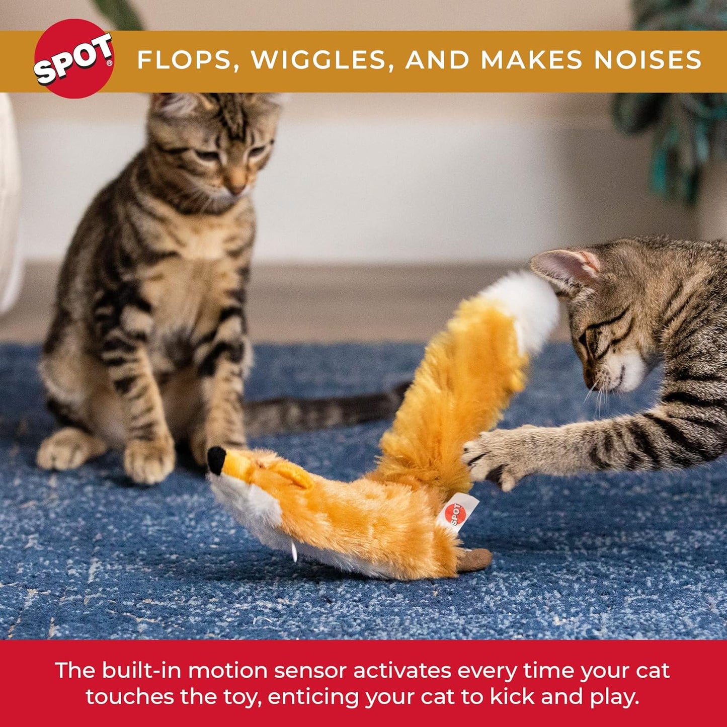 SPOT Flippin’ Skinneeez Fox - Interactive Cat Toy with Catnip - Touch Activated Flopping, Wiggling, Moving Toy for Cats and Kittens, USB Rechargeable, Washable, Large Size for Cats to Hug and Kick