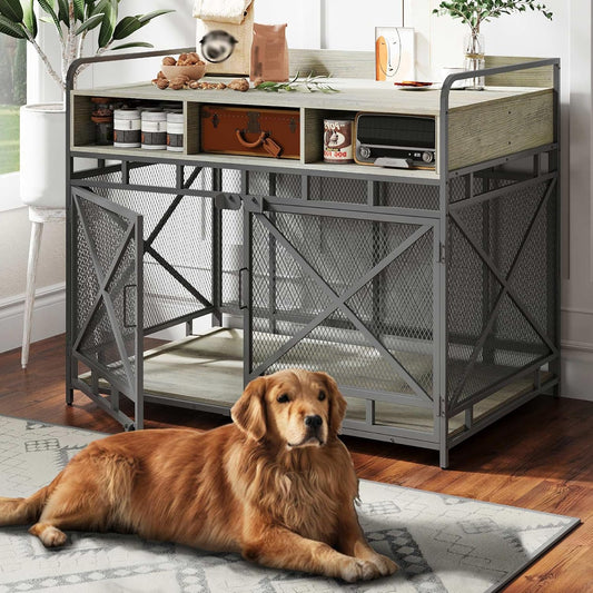 Dog Crate Furniture, 43" Heavy Duty Wooden Dog Crate End Table, XL Dog Kennel Furniture Large Breed, Decorative Dog Kennel Indoor with 3 Drawers & Steel Tubes 43" L x28 W x36 H (Grey)