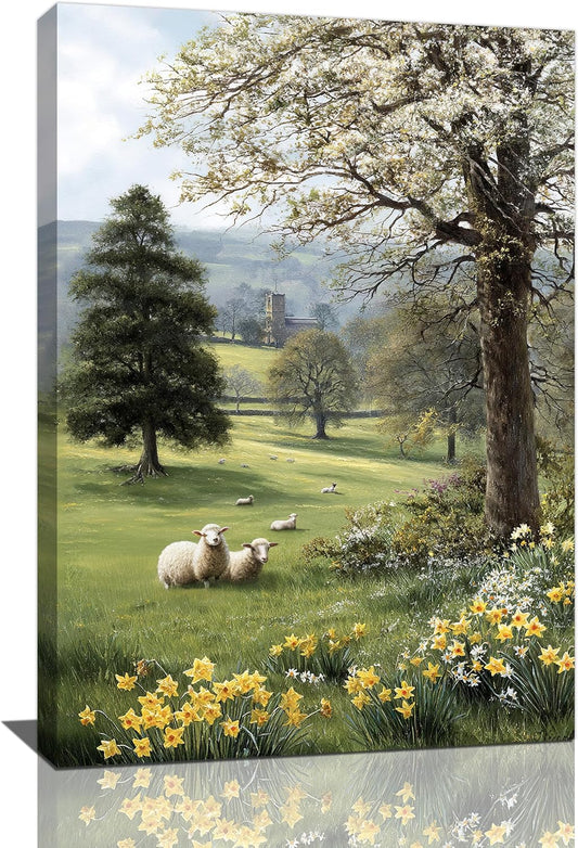 Country Sheep Canvas Wall Decor Farmhouse Rustic Lamb Wildflower Wall Art Nature Countryside Landscape Pictures Painting Print Framed Artwork Decorations for Bathroom Living Room Bedroom 16"x24"