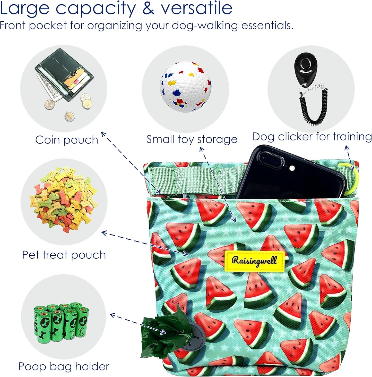 Dog Treat Pouch for Pet Walking and Training with Clicker 2 Cup Silicone Bag Small Fanny Pack Holder for Puppy Snack Dispenser Kit for Leash and Outdoor Use (Watermelon)